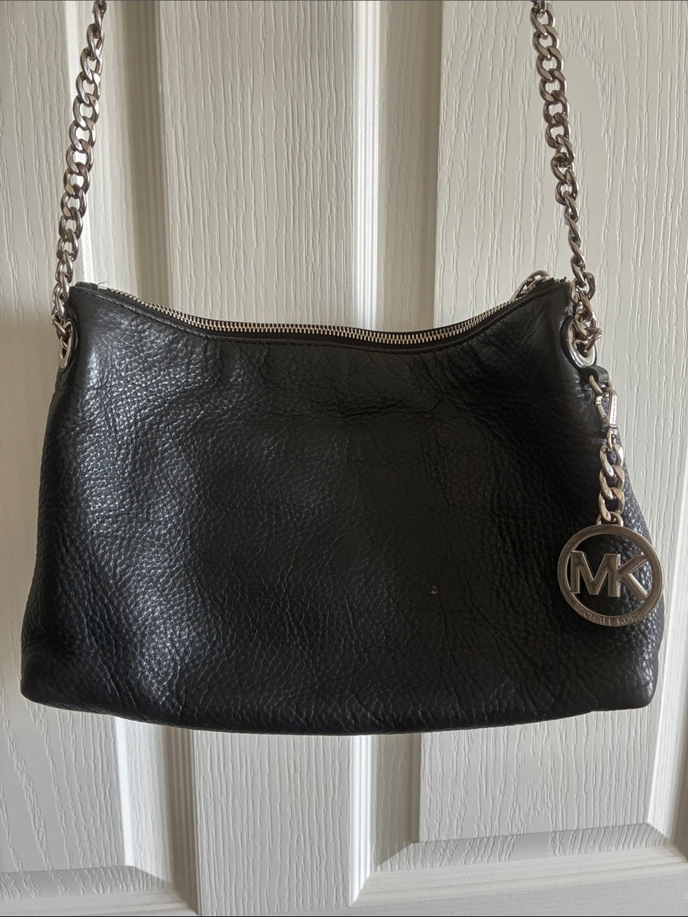 Michael Kors Black Pebbled Leather Shoulder Bag with Silver Chain